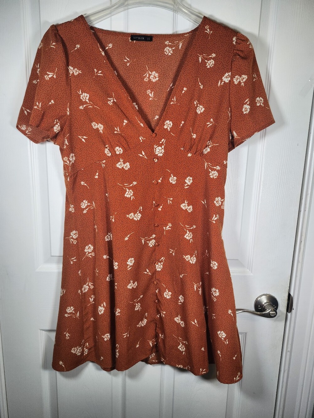 Cotton:On Dark Orange White Floral Black Polka Dot Puff SL V-Neck Midi Dress S L